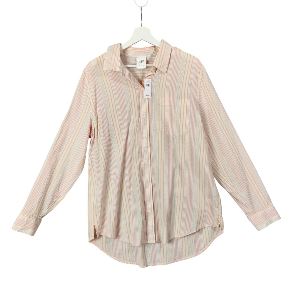 GAP The Easy Shirt Stripe Button Down Long Sleeve Top Pink Gold Women Size L NEW